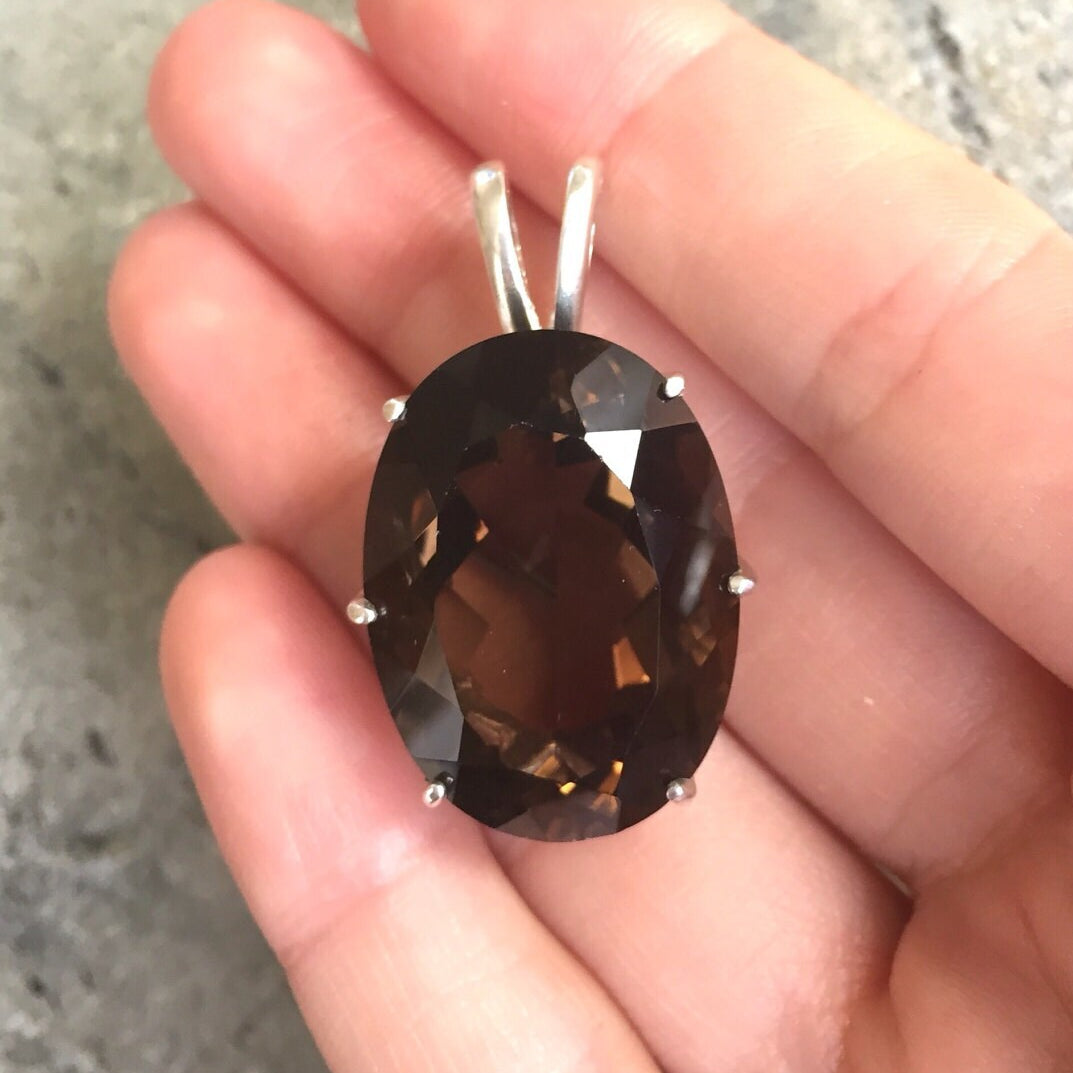 Smoky Topaz Pendant, Natural Smoky Topaz, December Pendant, Large Oval Pendant, Topaz Pendant, Brown Vintage Pendant, Solid Silver Pendant