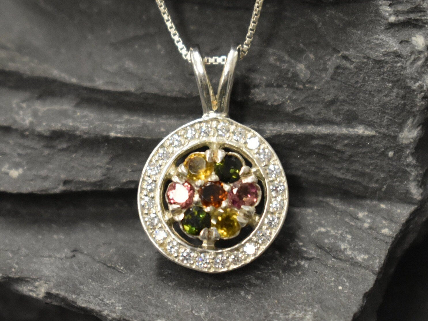 Flower Pendant, Natural Tourmaline, Cluster Pendant, Tourmaline Pendant, October Birthstone, Round Pendant, October Pendant, Silver Pendant