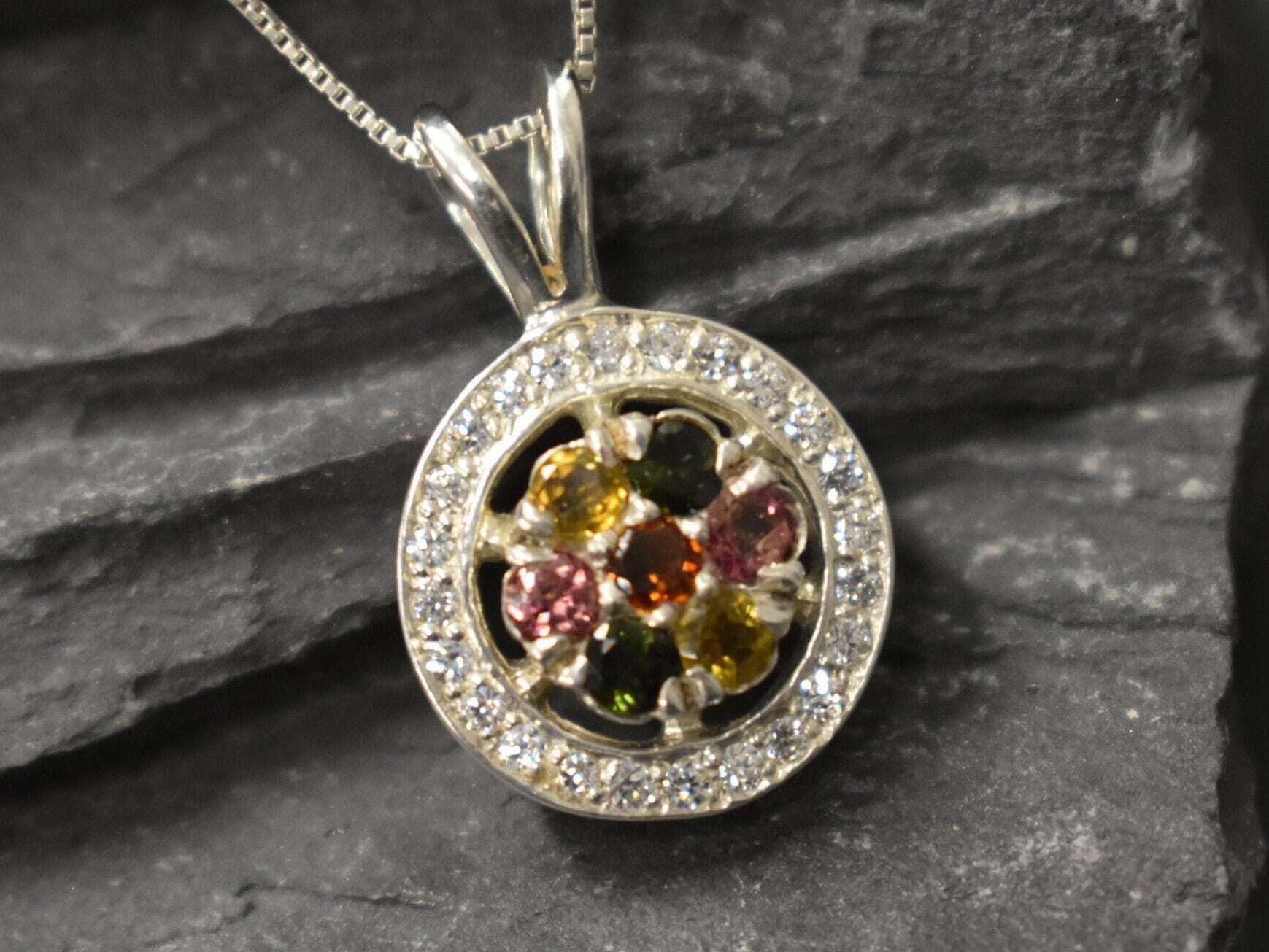 Flower Pendant, Natural Tourmaline, Cluster Pendant, Tourmaline Pendant, October Birthstone, Round Pendant, October Pendant, Silver Pendant