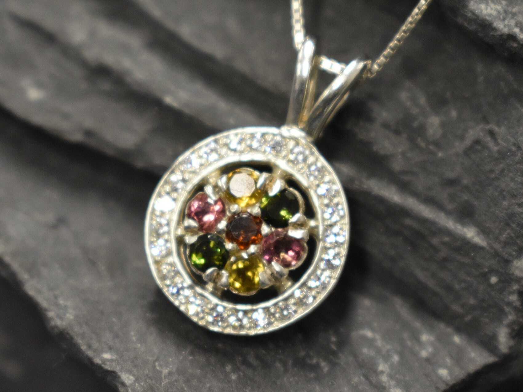 Flower Pendant, Natural Tourmaline, Cluster Pendant, Tourmaline Pendant, October Birthstone, Round Pendant, October Pendant, Silver Pendant