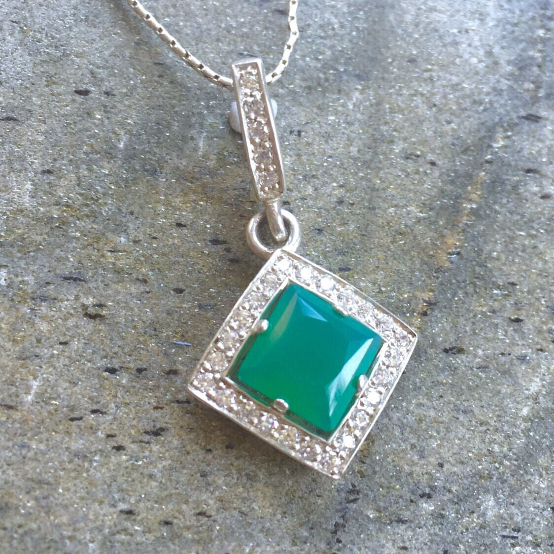 Elegant 925 Sterling Silver Emerald Pendant featuring a Square Created Green Emerald, perfect for May birthdays and special occasions.