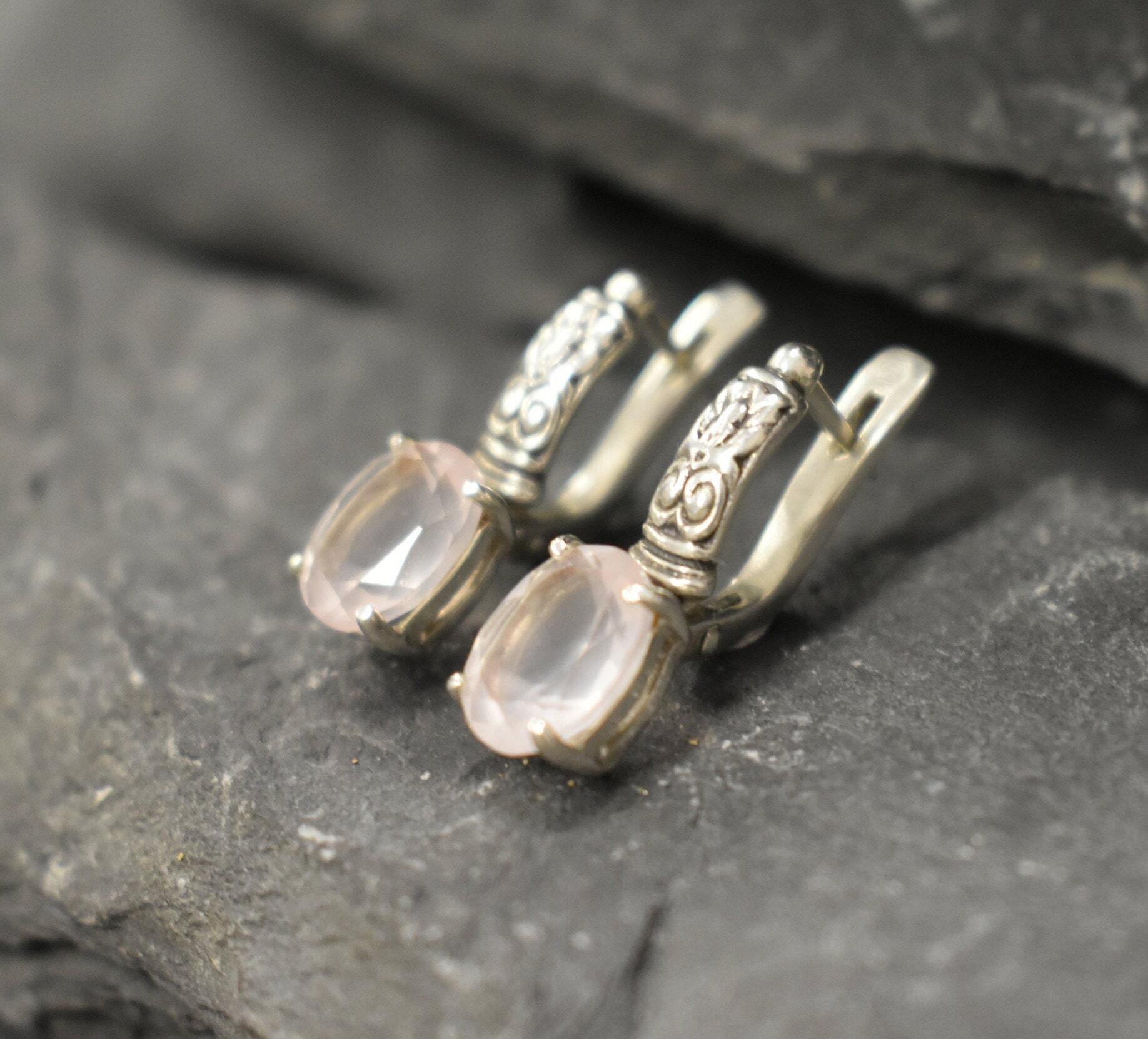 Rose Quartz Earrings, Natural Rose Quartz, January Birthstone, Bohemian Earrings, Smoky Pink Earrings, Long Earrings, 925 Silver Earrings