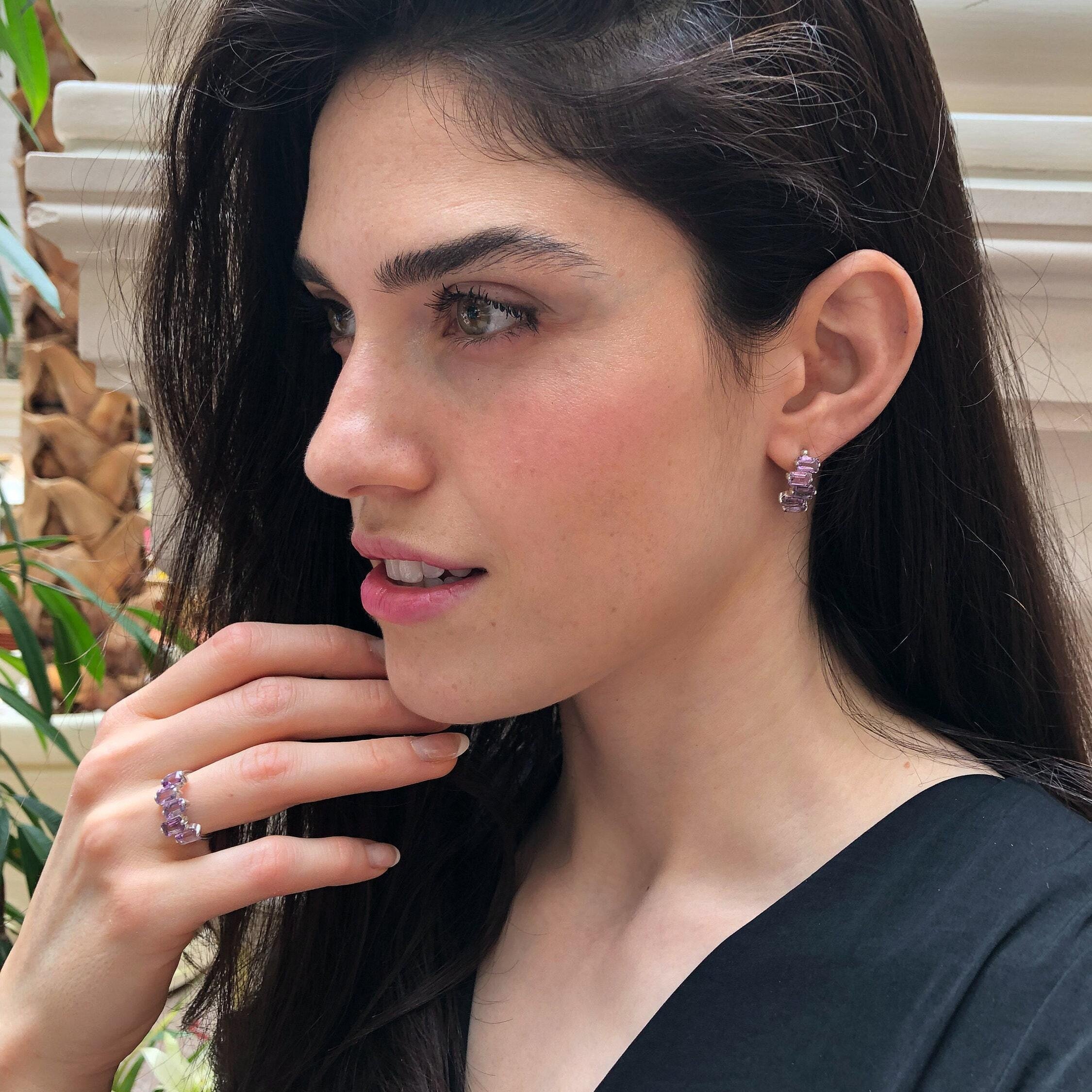 Peridot Earrings, Emerald Cut Earrings, Half Hoops Earrings, Baguette Earrings, August Birthstone, Statement Studs, Solid Silver Earrings