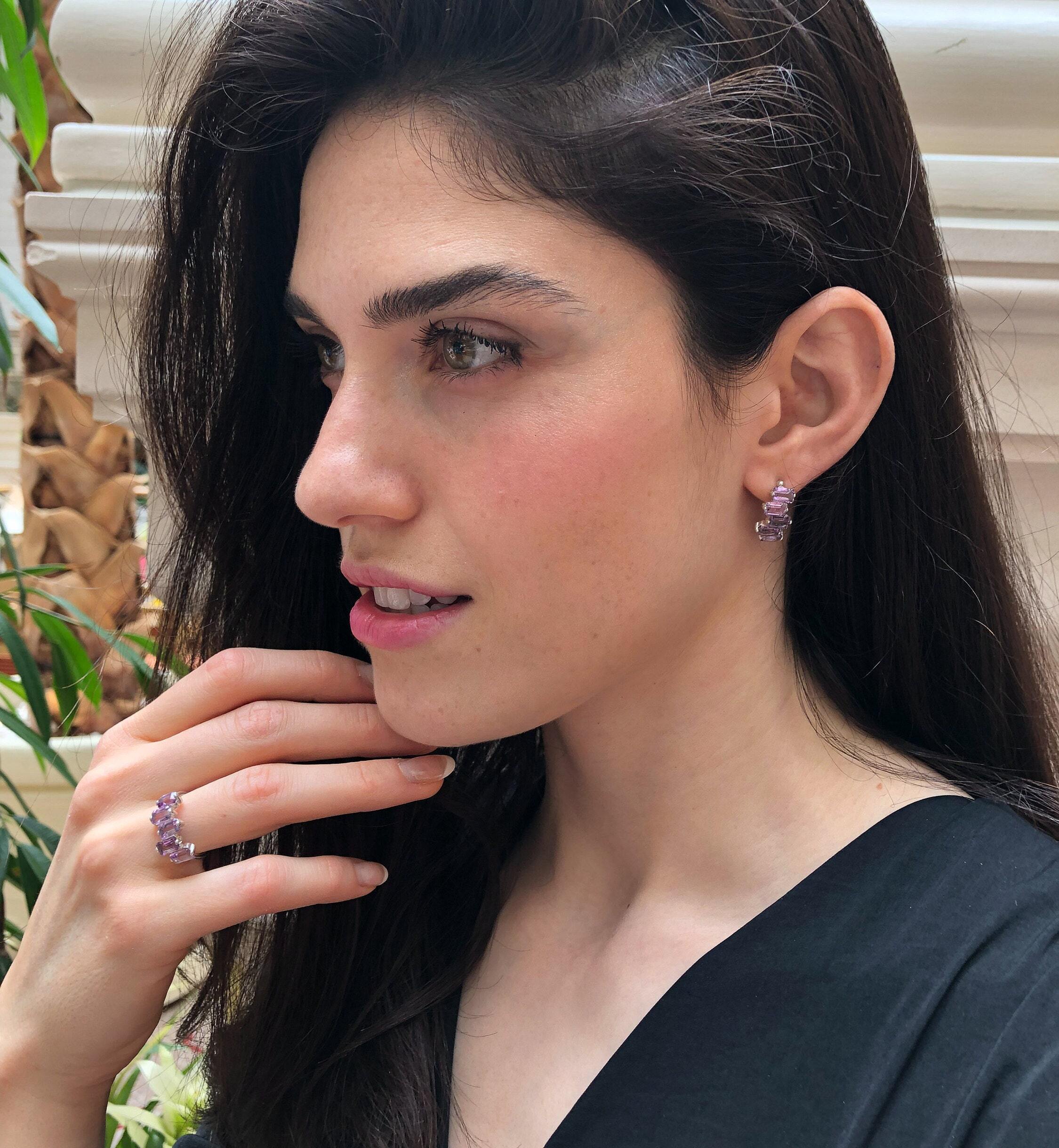 Peridot Earrings, Emerald Cut Earrings, Half Hoops Earrings, Baguette Earrings, August Birthstone, Statement Studs, Solid Silver Earrings