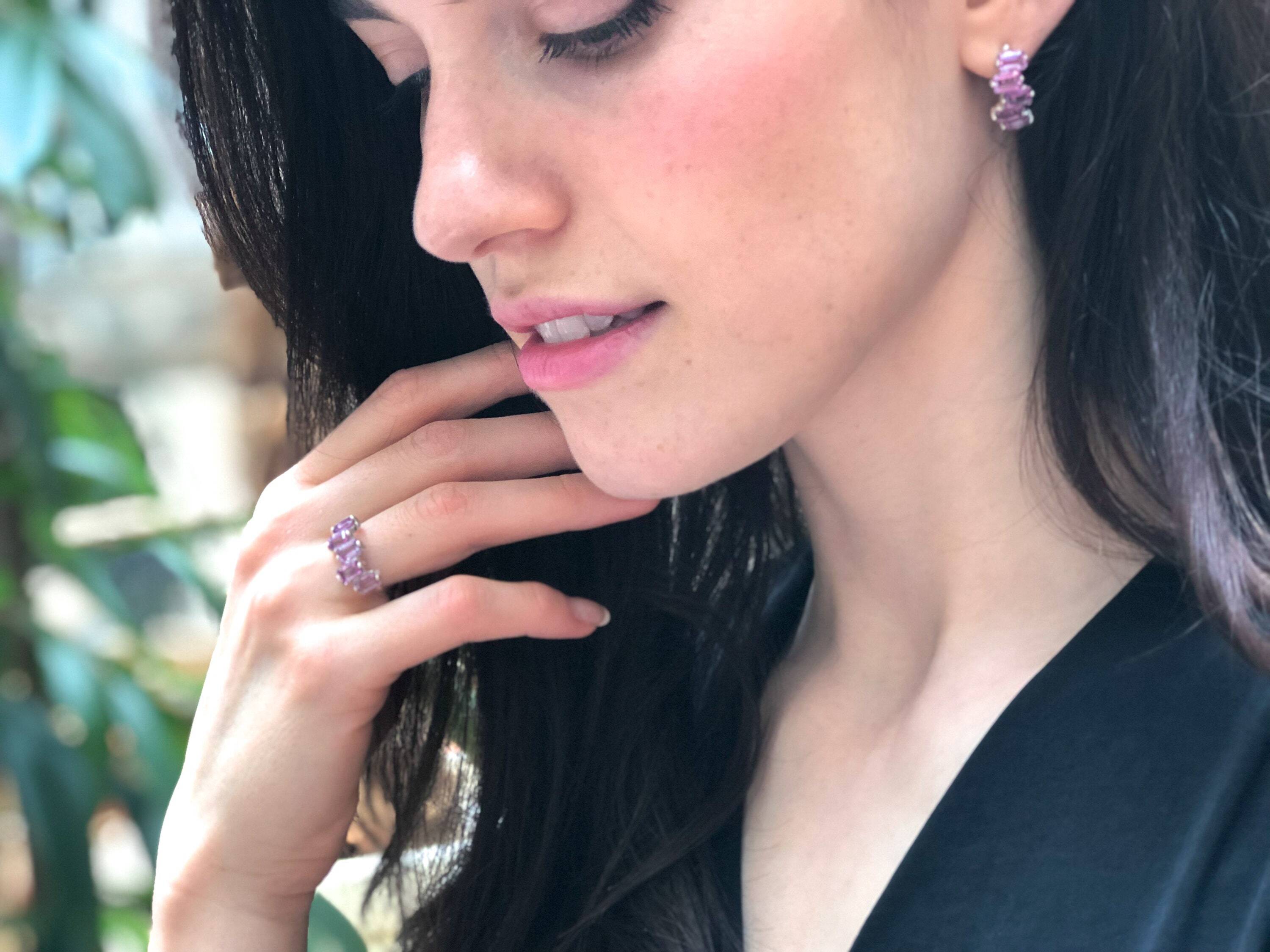 Peridot Earrings, Emerald Cut Earrings, Half Hoops Earrings, Baguette Earrings, August Birthstone, Statement Studs, Solid Silver Earrings