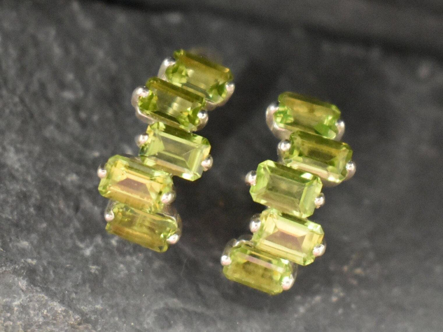 Peridot Earrings, Emerald Cut Earrings, Half Hoops Earrings, Baguette Earrings, August Birthstone, Statement Studs, Solid Silver Earrings