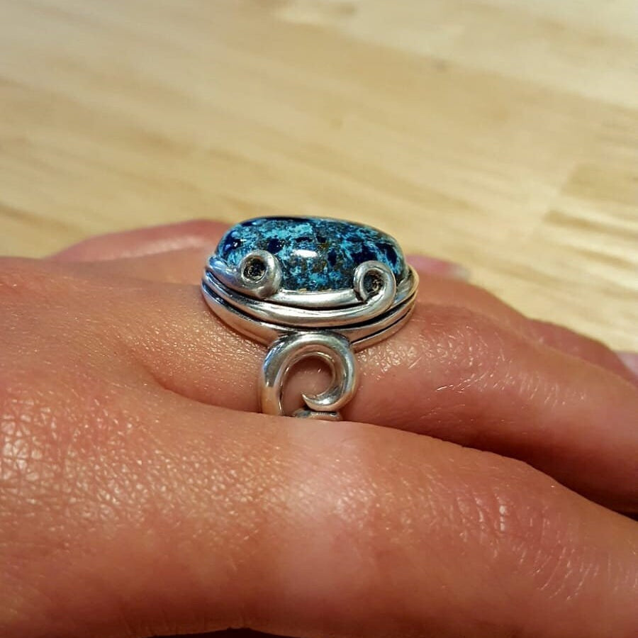 Artistic Blue Ring, Natural Chrysocolla, Vintage Rings, Sagittarius Birthstone, Large Stone Ring, Solid Silver Ring, Blue Ring, Chrysocolla