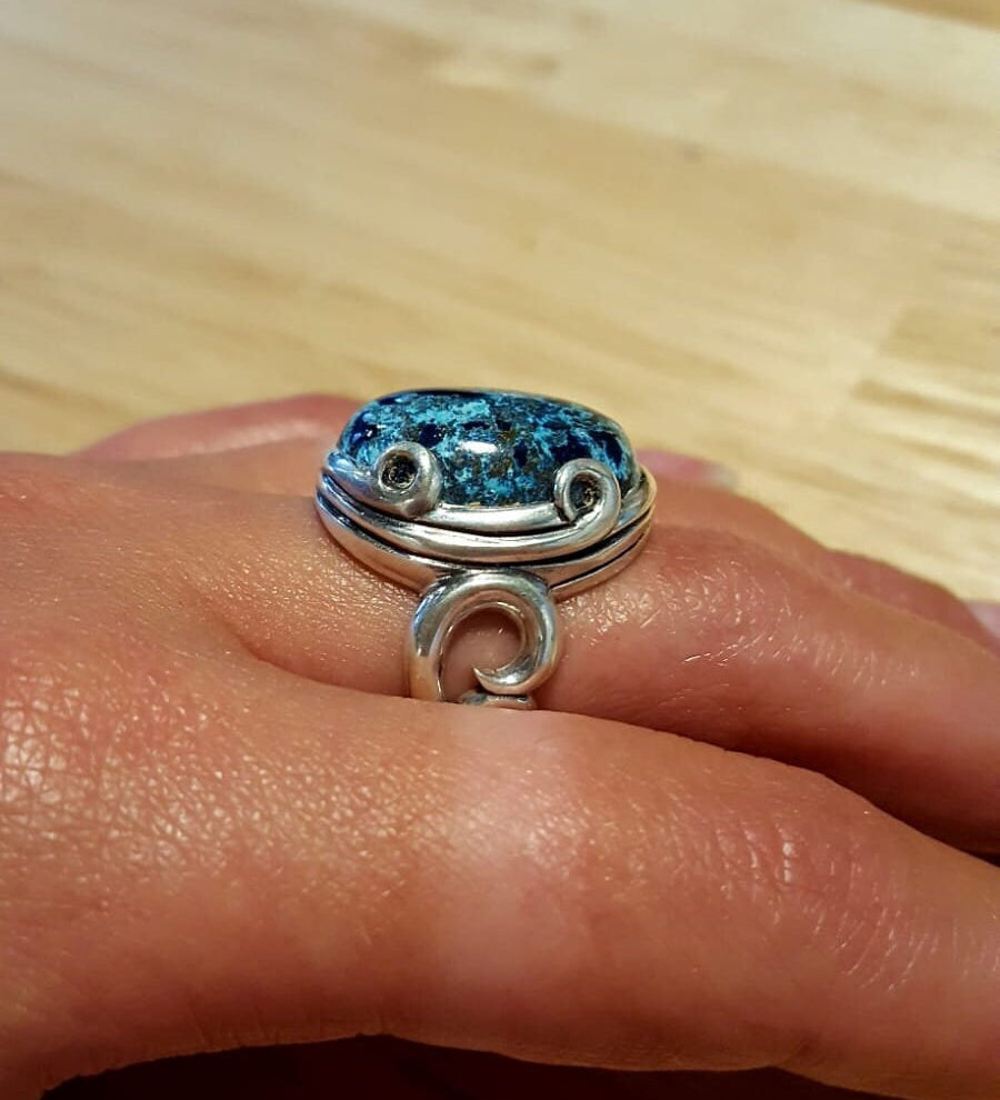 Artistic Blue Ring, Natural Chrysocolla, Vintage Rings, Sagittarius Birthstone, Large Stone Ring, Solid Silver Ring, Blue Ring, Chrysocolla