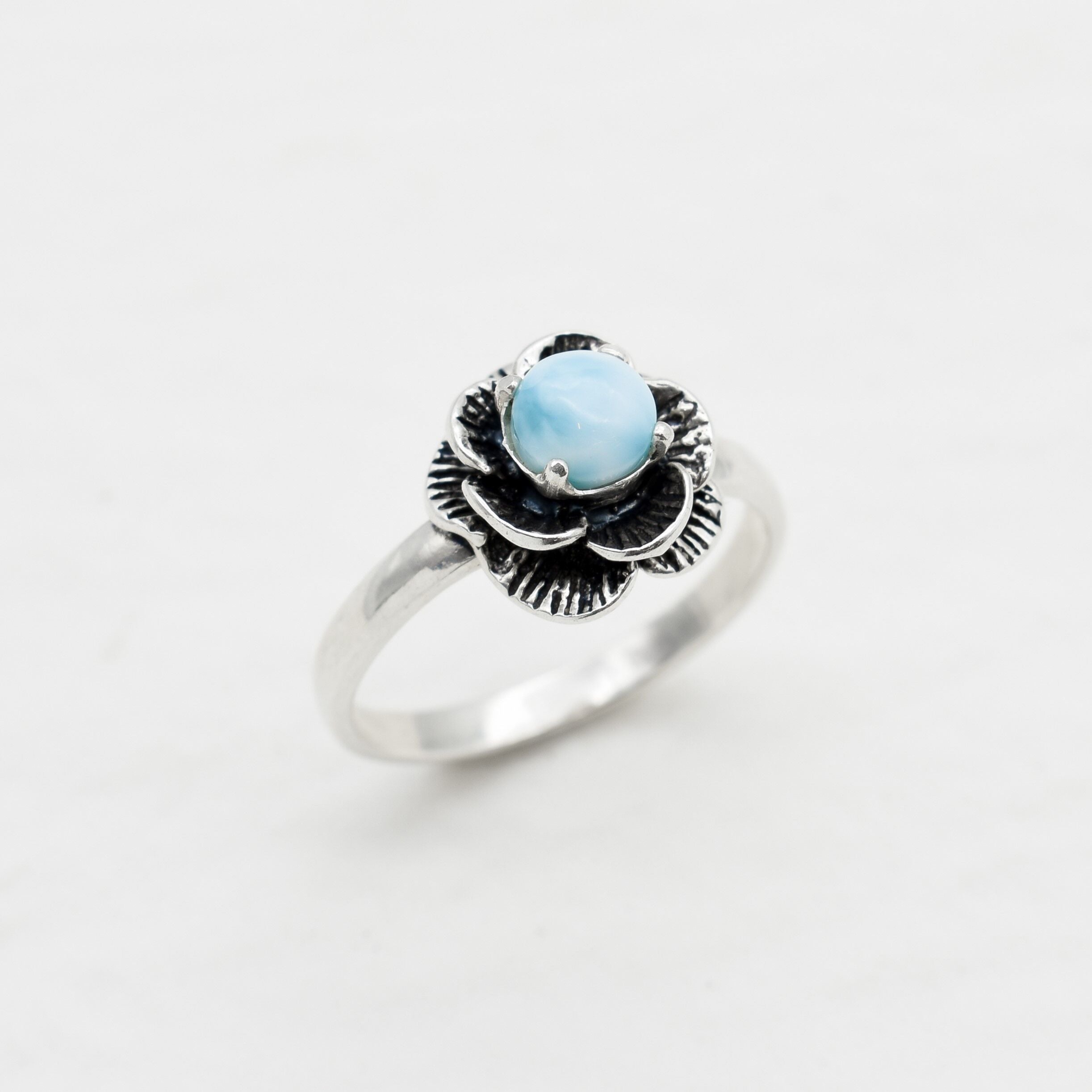 Larimar Ring, Natural Larimar, March Birthstone, Silver Flower Ring, March Ring, Blue Flower Ring, Vintage Ring, 925 Silver Ring, Larimar