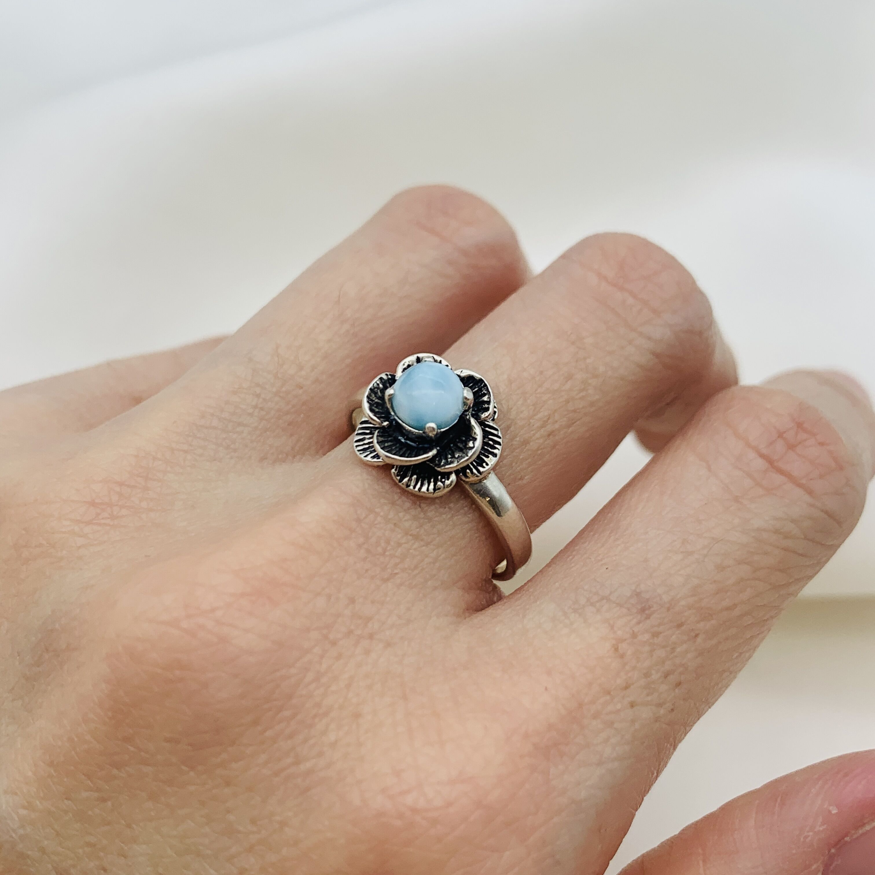 Larimar Ring, Natural Larimar, March Birthstone, Silver Flower Ring, March Ring, Blue Flower Ring, Vintage Ring, 925 Silver Ring, Larimar