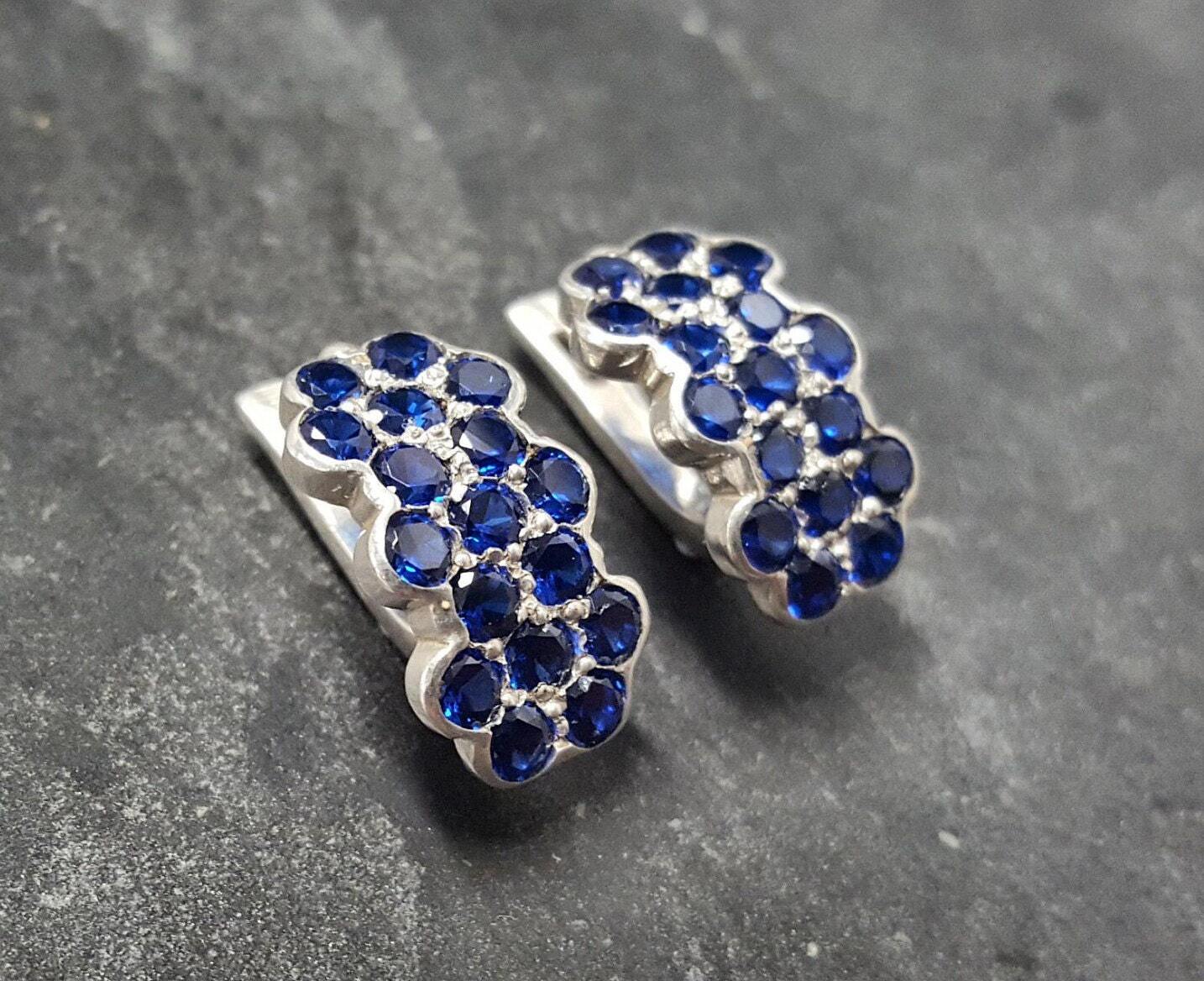 Created Sapphire Earrings made in 925 Sterling Silver with Round Created Blue Sapphire in Cluster setting, September Birthstone gift idea, symbolizes sincerity, truth, and faithfulness, ideal for everyday wear and perfect for birthday gifting and special occasions.