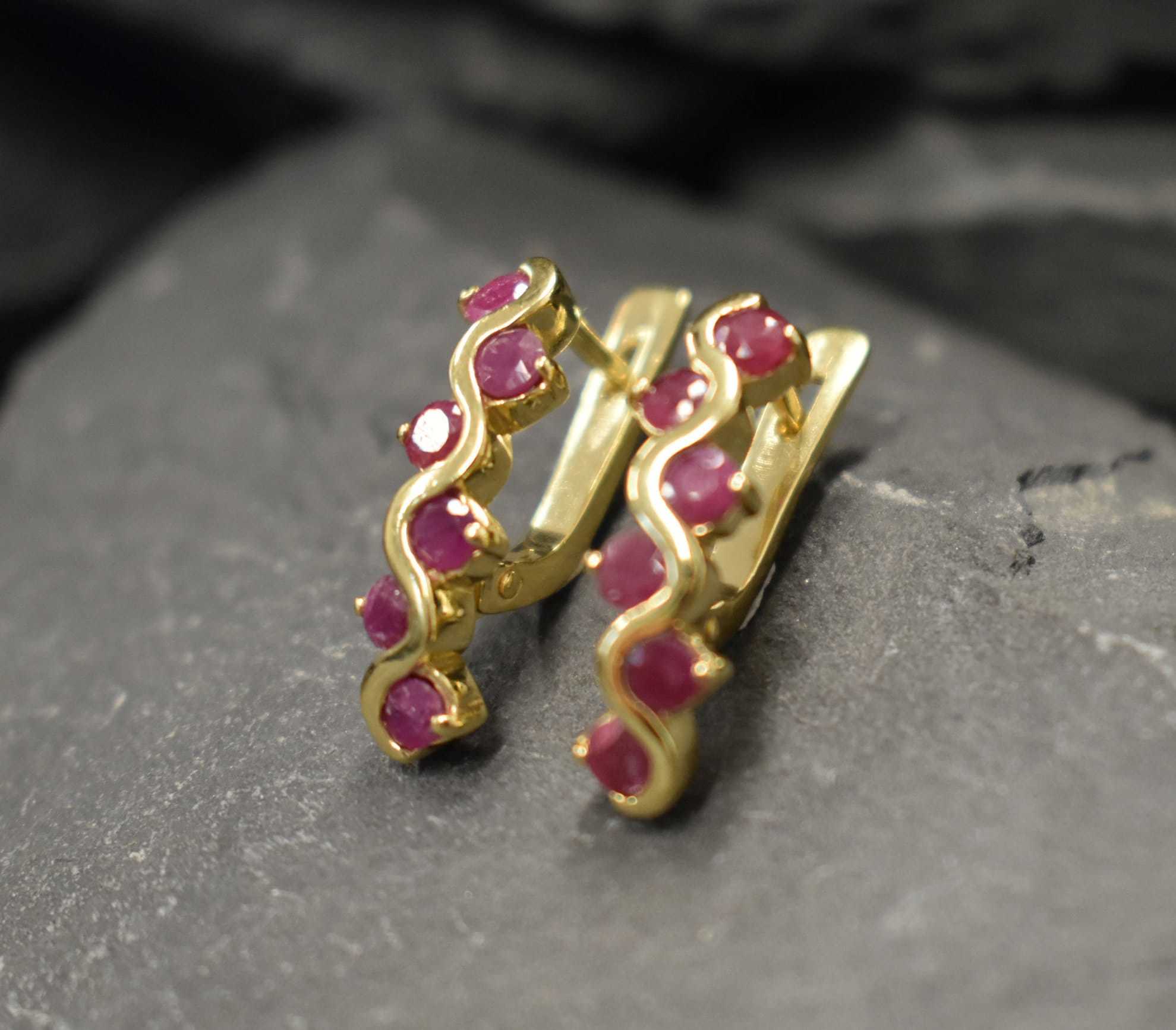 Natural Ruby Earrings made in 18k Gold Vermeil with Round Natural Red Ruby in Channel-Set setting, July Birthstone gift idea, symbolizes nobility, purity, and passion, ideal for everyday wear and perfect for birthday gifting and special occasions.