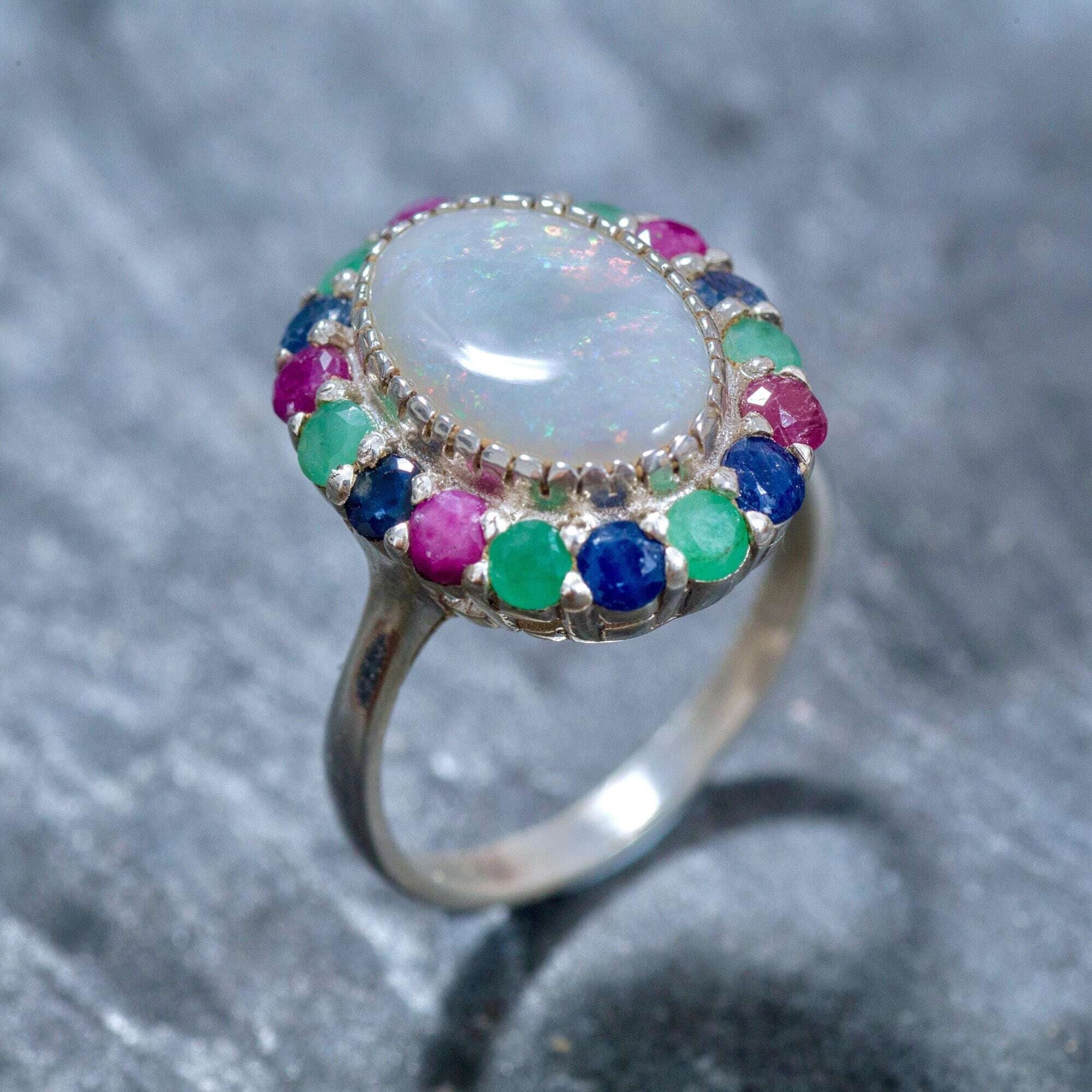 Natural Australian Opal Ring made in 925 Sterling Silver with Natural White Australian Opal in setting, October Birthstone gift idea, symbolizes hope, purity, and truth, ideal for everyday wear and perfect for birthday gifting and special occasions.
