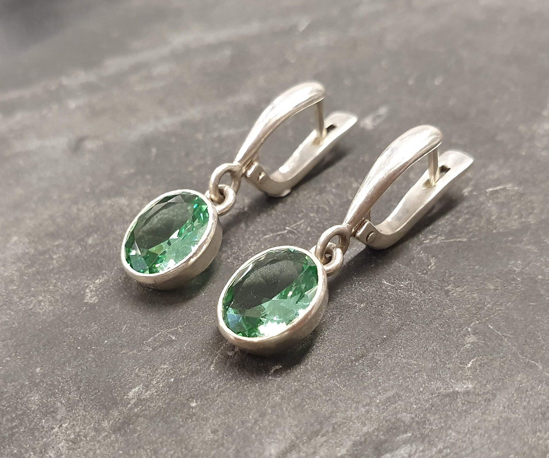 Created Emerald Earrings made in 925 Sterling Silver with Created Mint Emerald in Bezel setting, May Birthstone gift idea, symbolizes, ideal for everyday wear and perfect for birthday gifting and special occasions.