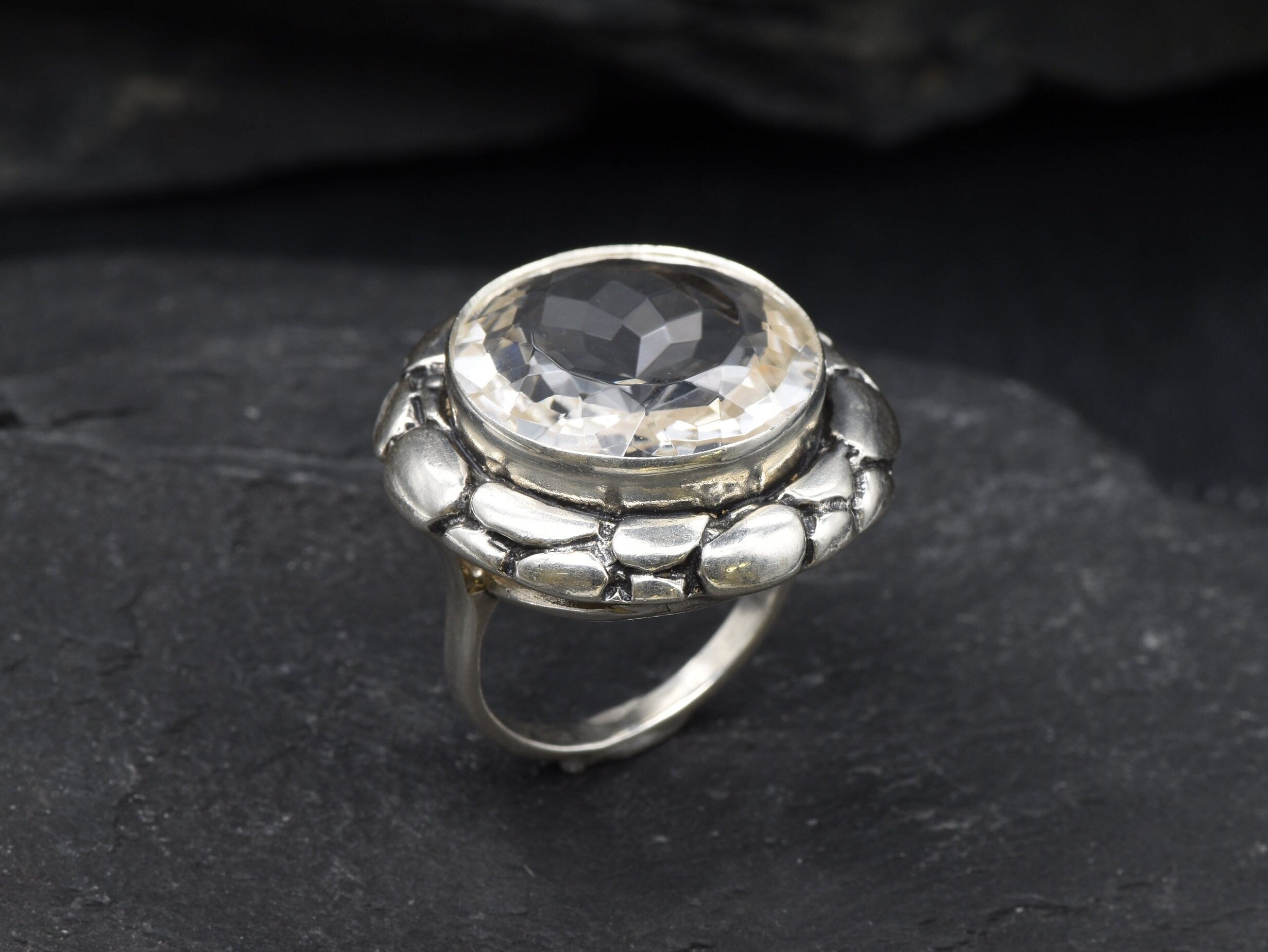 Large Topaz Ring, Natural White Topaz, Vintage Ring, Huge Diamond Ring, December Birthstone, Statement Chunky Ring, Solid Silver Ring, Topaz