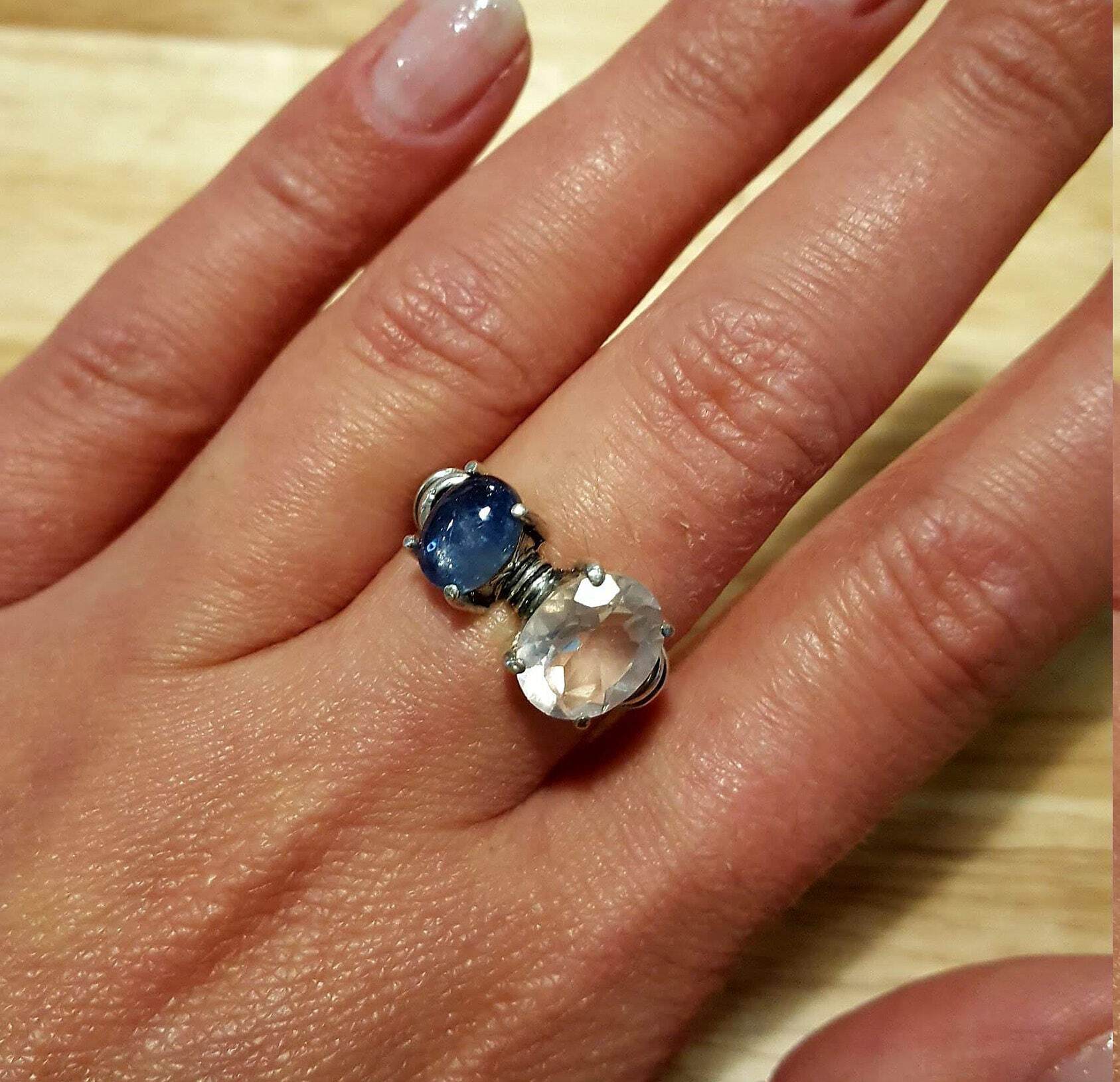 Rose Quartz Ring, Kyanite Ring, Natural Rose Quartz, Natural Kyanite, 2 Stone Ring, Vintage Ring, Birthstone Ring, Solid Silver Ring, Quartz