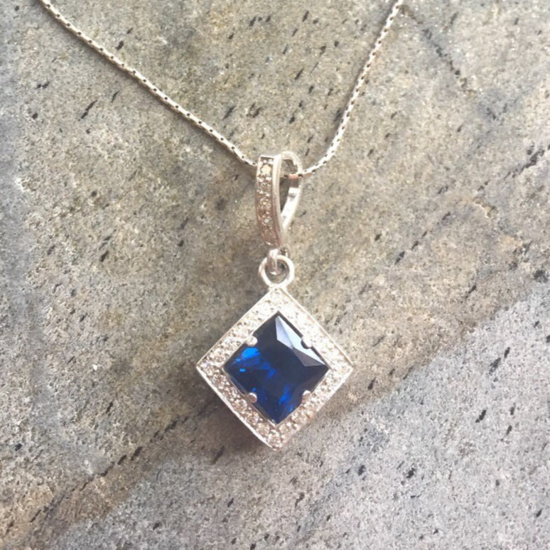 Sapphire Pendant, Blue Sapphire Pendant, Lab Sapphire, Bridal Pendant, Something Blue, Vintage Pendant, Princess Diana Pendant, Solid Silver