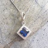 Created Sapphire Pendant made in 925 Sterling Silver with Square Created Blue Sapphire in Halo setting, September Birthstone gift idea, symbolizes sincerity, truth, and faithfulness, ideal for everyday wear and perfect for birthday gifting and special occasions.