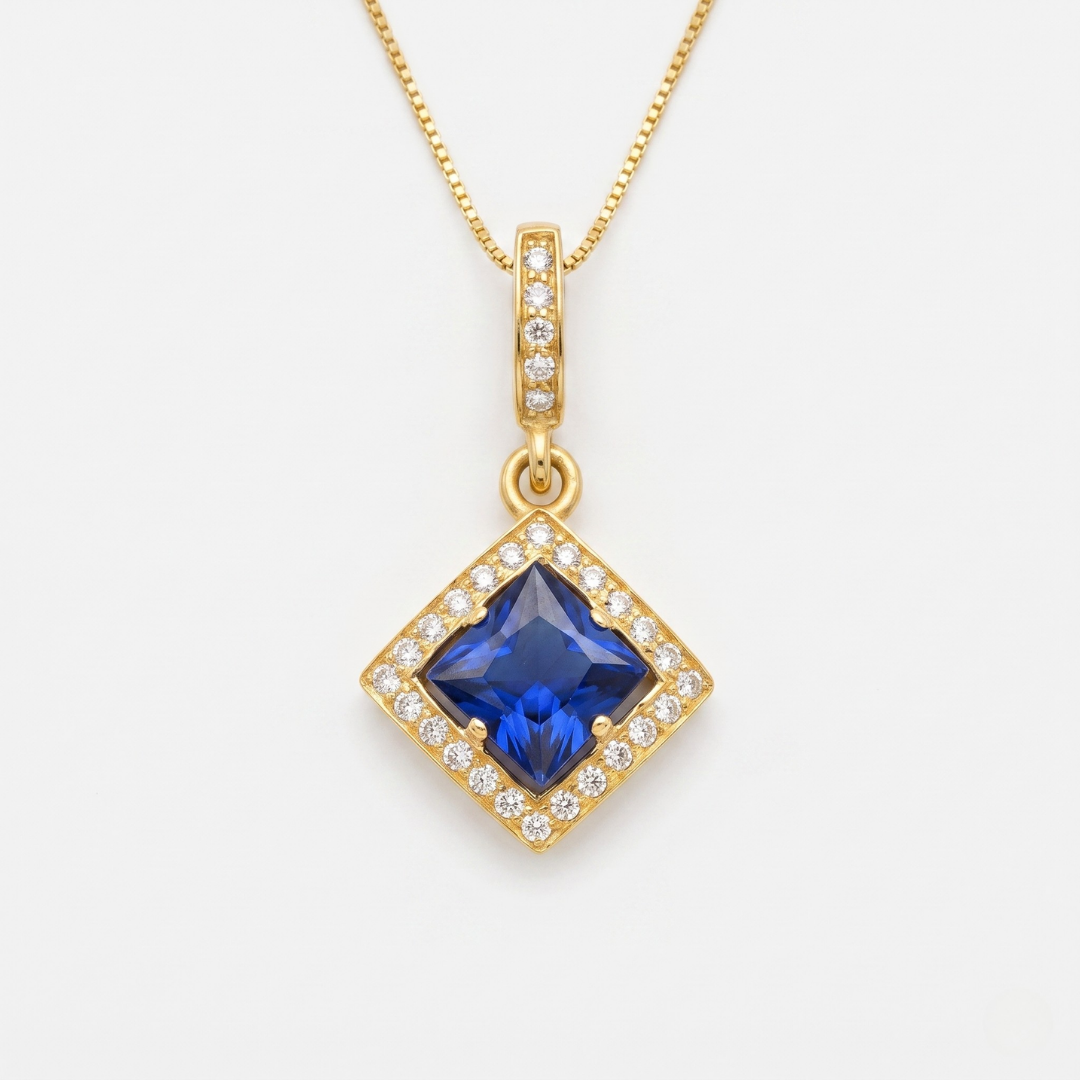 Created Sapphire Pendant made in 18k Gold Vermeil with Square Created Blue Sapphire in Halo setting, September Birthstone gift idea, symbolizes sincerity, truth, and faithfulness, ideal for everyday wear and perfect for birthday gifting and special occasions.