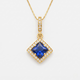 Created Sapphire Pendant made in 18k Gold Vermeil with Square Created Blue Sapphire in Halo setting, September Birthstone gift idea, symbolizes sincerity, truth, and faithfulness, ideal for everyday wear and perfect for birthday gifting and special occasions.