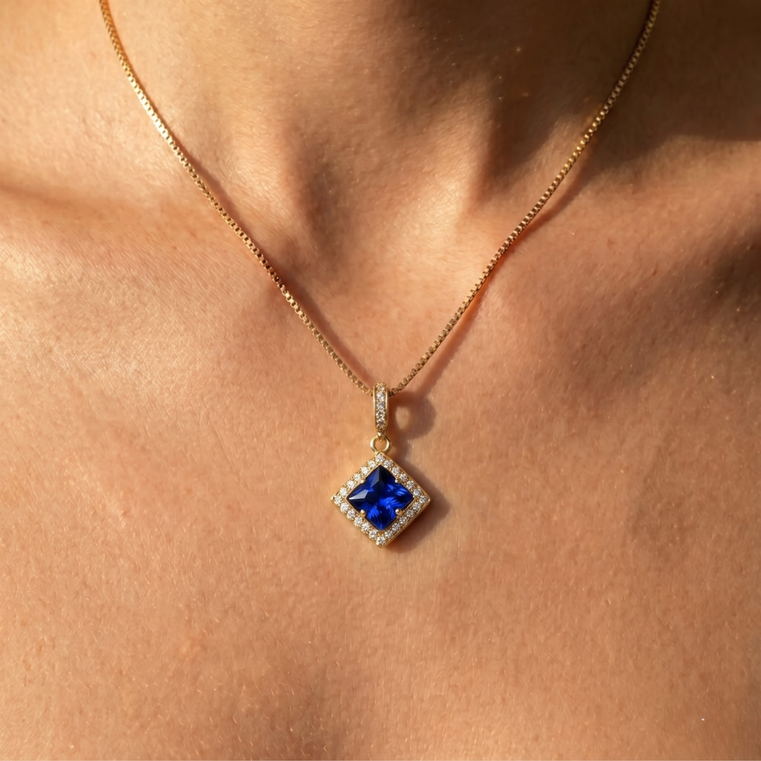 Created Sapphire Pendant in 18k Gold Vermeil, Square Blue Sapphire, Halo setting, September Birthstone, perfect gift for all occasions.