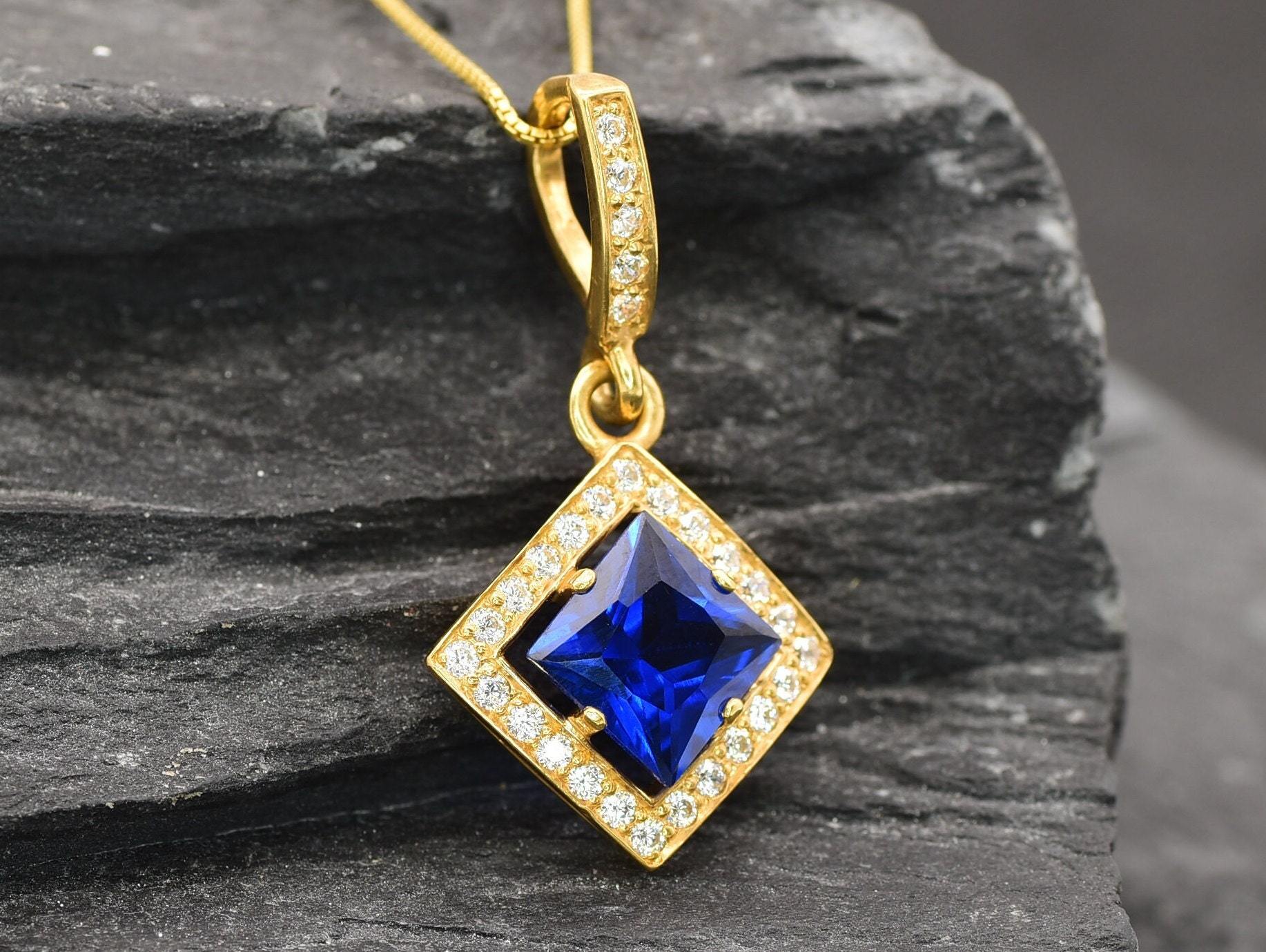 Created Sapphire Pendant made in 18k Gold Vermeil with Square Created Blue Sapphire in Halo setting, September Birthstone gift idea, symbolizes sincerity, truth, and faithfulness, ideal for everyday wear and perfect for birthday gifting and special occasions.