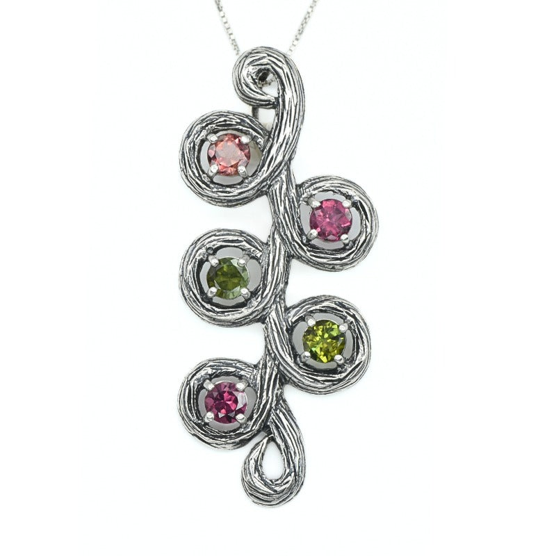 Long Leaf Pendant, Natural Tourmaline, Tourmaline Necklace, Branch Pendant, Pink and Green Tourmaline, October Birthstone, Solid Silver