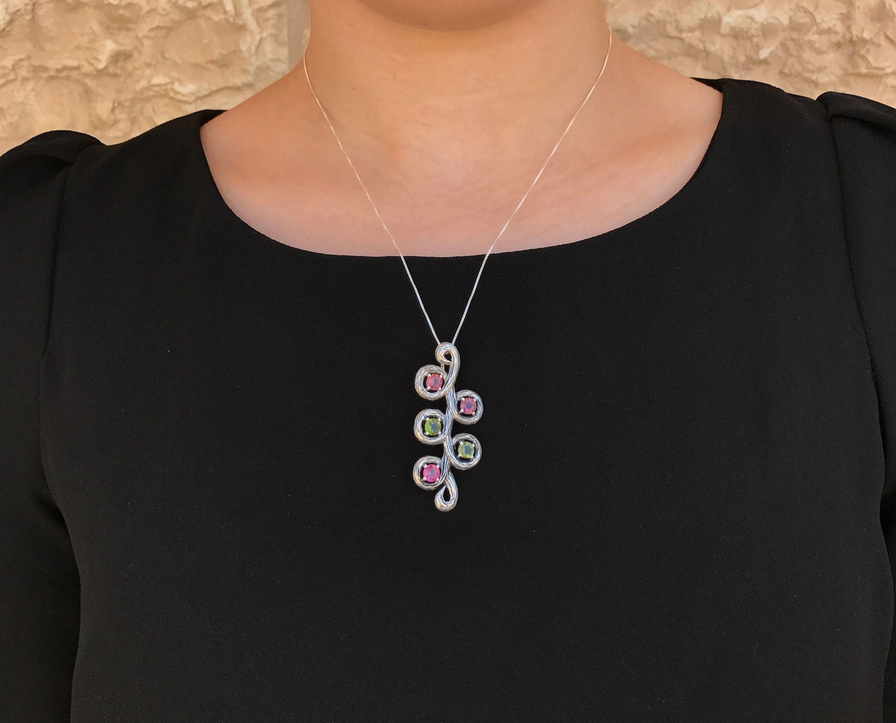 Long Leaf Pendant, Natural Tourmaline, Tourmaline Necklace, Branch Pendant, Pink and Green Tourmaline, October Birthstone, Solid Silver