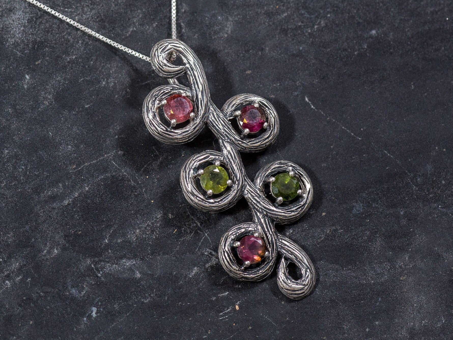 Long Leaf Pendant, Natural Tourmaline, Tourmaline Necklace, Branch Pendant, Pink and Green Tourmaline, October Birthstone, Solid Silver