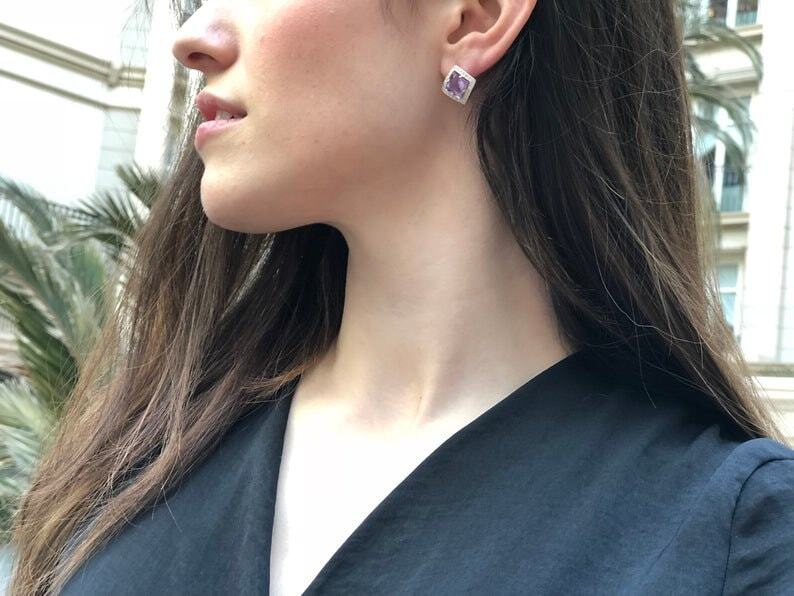 Red Diamond Studs, Garnet Earrings, Natural Garnet, January Birthstone, Silver Square Studs, Vintage Studs, Red Studs, 925 Silver Earrings