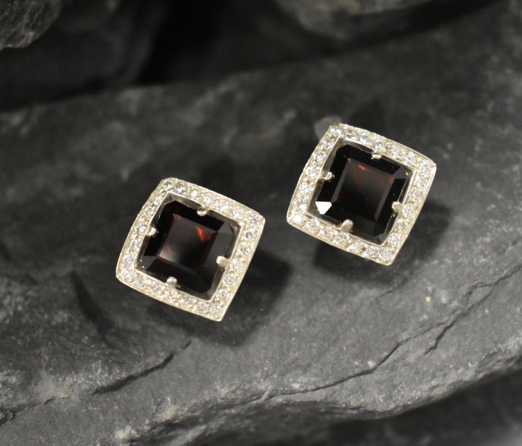 Red Diamond Studs, Garnet Earrings, Natural Garnet, January Birthstone, Silver Square Studs, Vintage Studs, Red Studs, 925 Silver Earrings