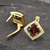 Gold Garnet Earrings - Natural Garnet Earrings, Red Square Earrings