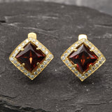 Gold Garnet Earrings - Natural Garnet Earrings, Red Square Earrings