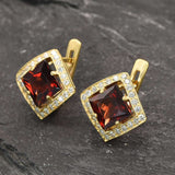 Gold Garnet Earrings - Natural Garnet Earrings, Red Square Earrings