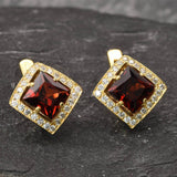 Gold Garnet Earrings - Natural Garnet Earrings, Red Square Earrings