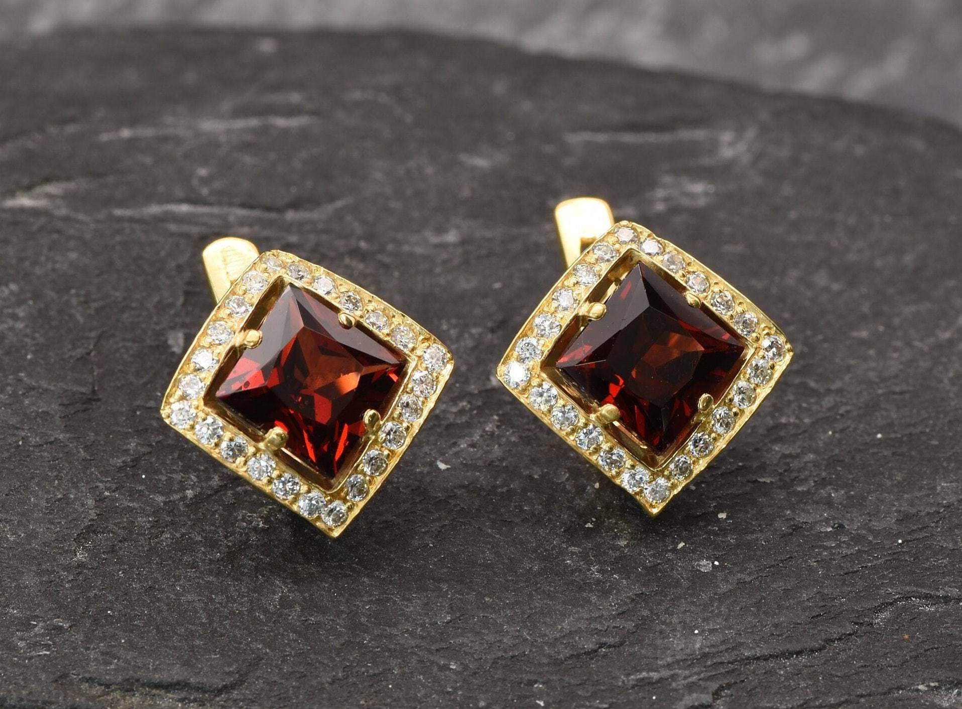 Red Diamond Studs, Garnet Earrings, Natural Garnet, January Birthstone, Silver Square Studs, Vintage Studs, Red Studs, 925 Silver Earrings(1)