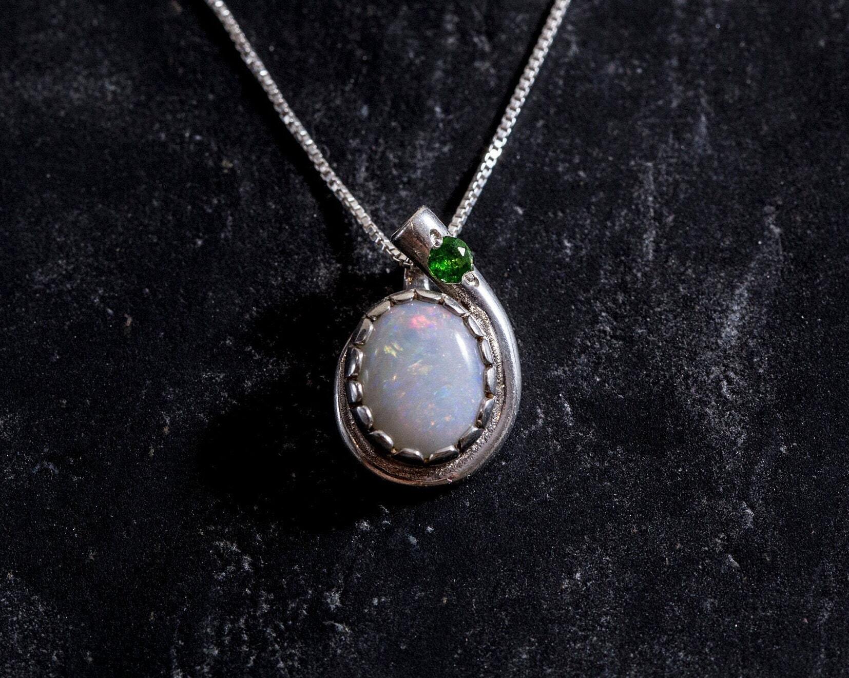 Opal Pendant, Natural Opal, October Birthstone, Teardrop Pendant, Vintage Pendant, Opal Necklace, Chrome Diopside, Australian Opal, Silver