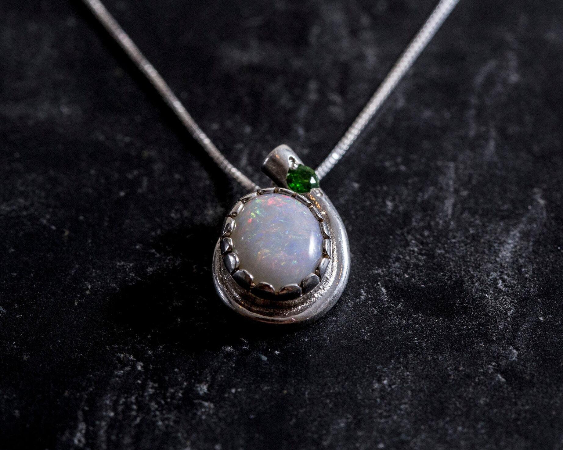 Opal Pendant, Natural Opal, October Birthstone, Teardrop Pendant, Vintage Pendant, Opal Necklace, Chrome Diopside, Australian Opal, Silver