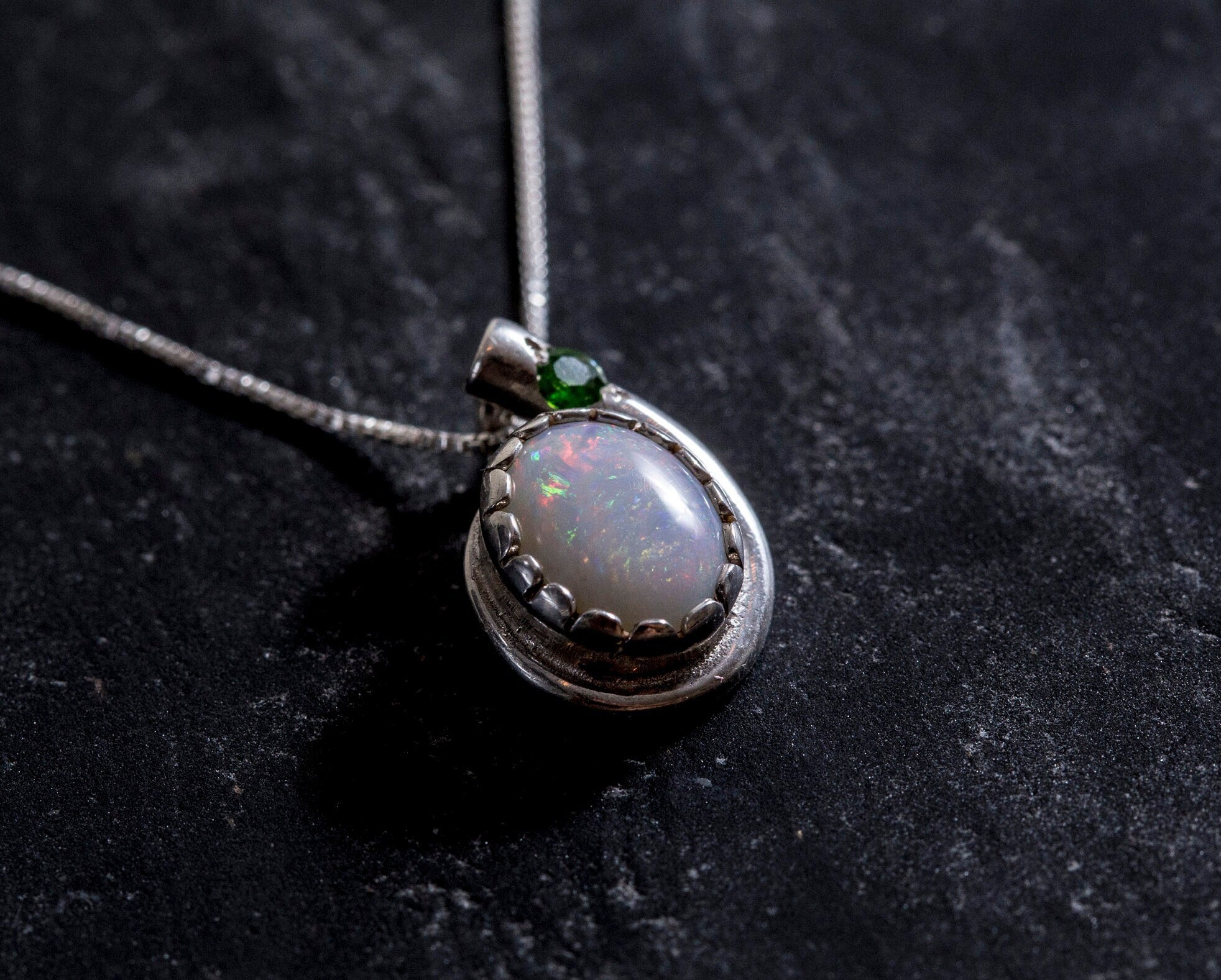 Opal Pendant, Natural Opal, October Birthstone, Teardrop Pendant, Vintage Pendant, Opal Necklace, Chrome Diopside, Australian Opal, Silver