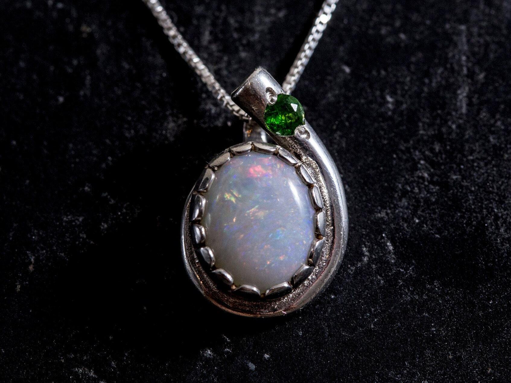 Opal Pendant, Natural Opal, October Birthstone, Teardrop Pendant, Vintage Pendant, Opal Necklace, Chrome Diopside, Australian Opal, Silver