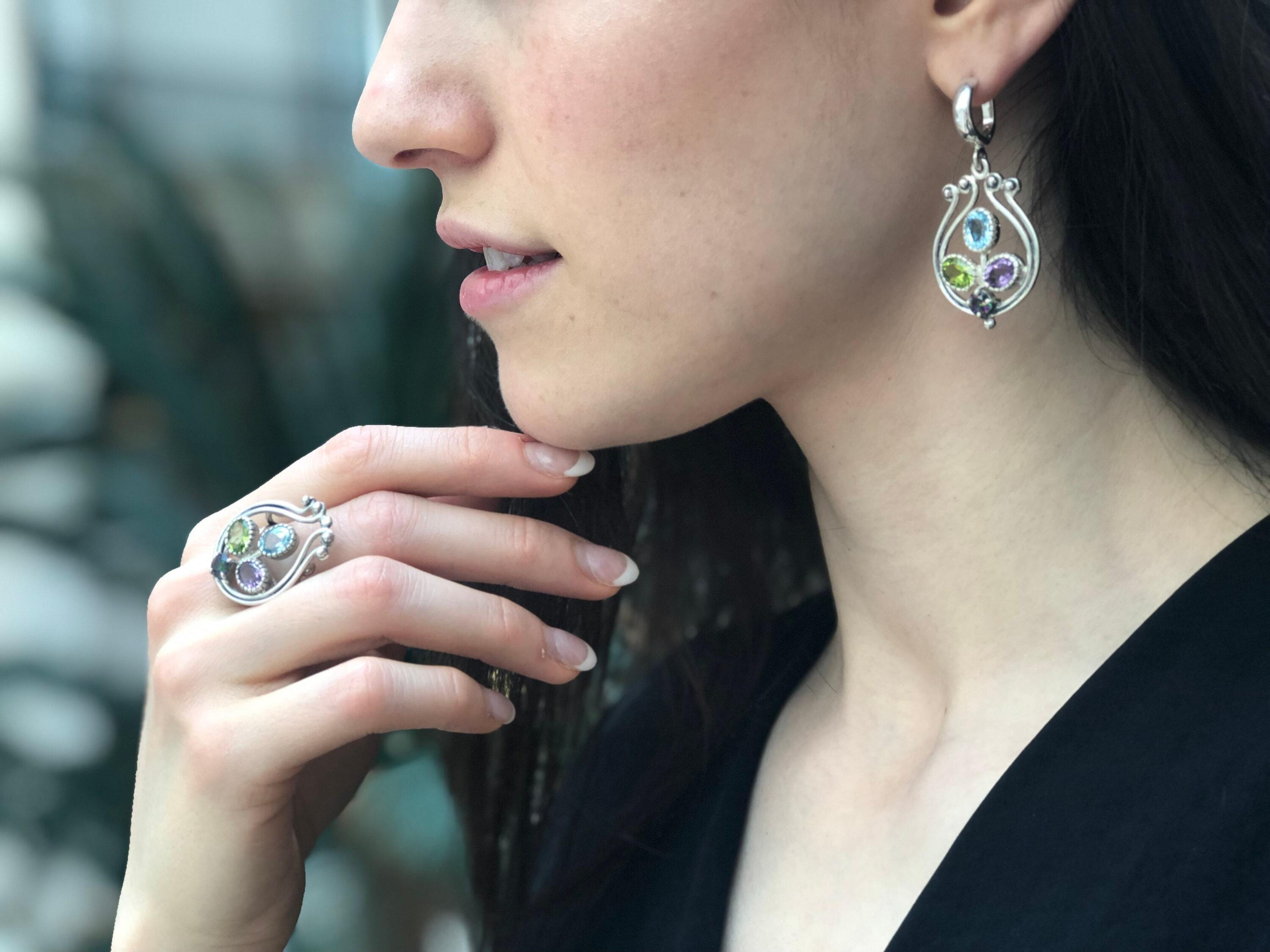 Topaz Ring, December Birthstone, Harp Ring, Natural Topaz, Blue Topaz, Ametyst Ring, Statement Ring, February Birthstone, Solid Silver