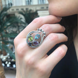 Statement Harp Ring - Genuine Multistones Ring - Large Vintage Ring