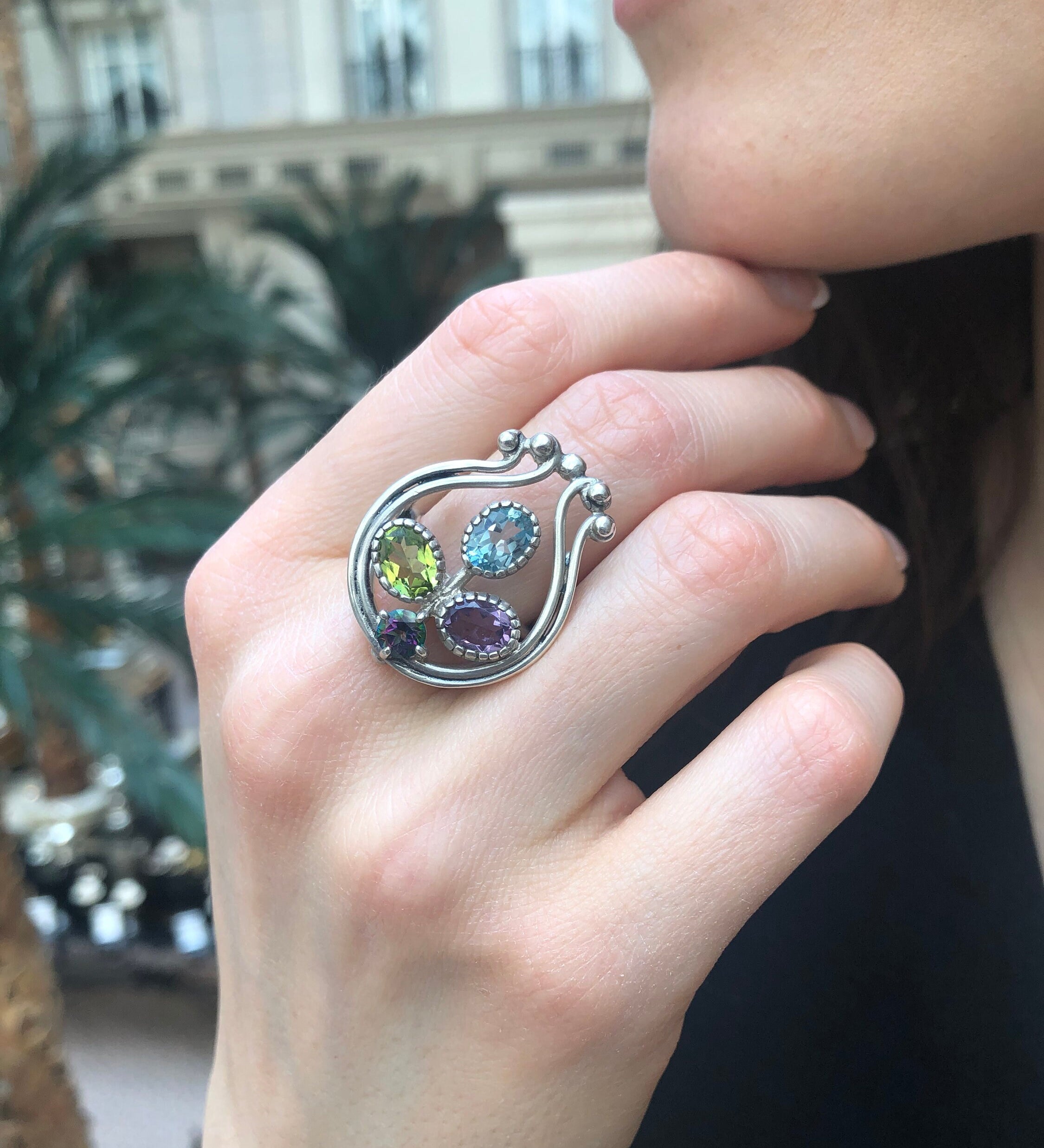 Topaz Ring, December Birthstone, Harp Ring, Natural Topaz, Blue Topaz, Ametyst Ring, Statement Ring, February Birthstone, Solid Silver