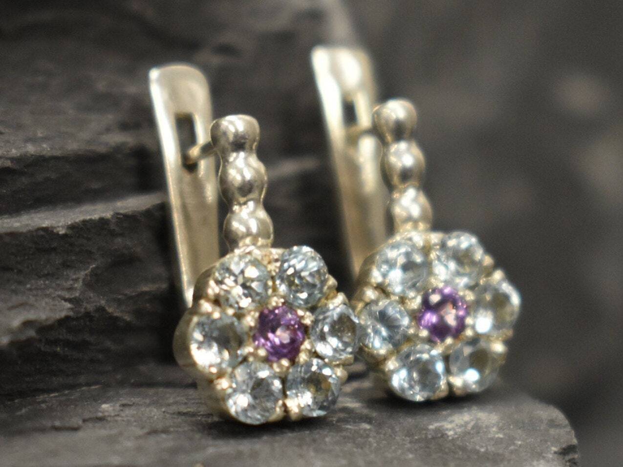 Blue Topaz Earrings, Natural Blue Topaz, December Birthstone, Flower Earrings, Anniversary Earrings, Multistone Earrings, Silver Earrings