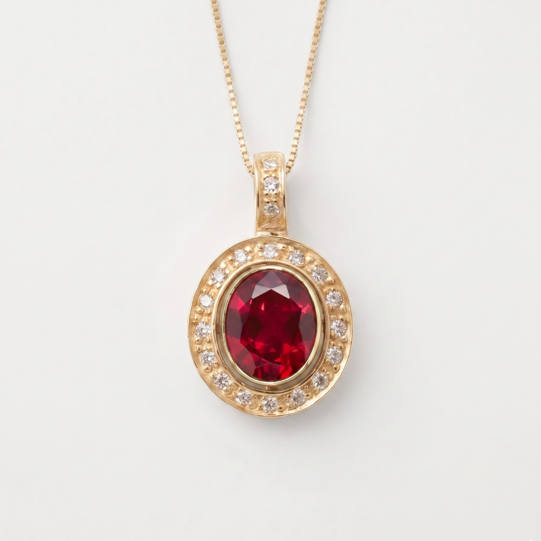 Created Ruby Pendant made in 18k Gold Vermeil with Oval Created Red Ruby in Bezel setting, July Birthstone gift idea, symbolizes nobility, purity, and passion, ideal for everyday wear and perfect for birthday gifting and special occasions.