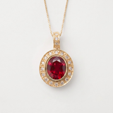 Created Ruby Pendant made in 18k Gold Vermeil with Oval Created Red Ruby in Bezel setting, July Birthstone gift idea, symbolizes nobility, purity, and passion, ideal for everyday wear and perfect for birthday gifting and special occasions.