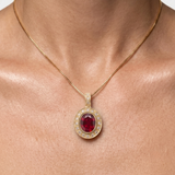 18k Gold Vermeil Ruby Pendant featuring a bezel-set oval created red ruby, perfect for July birthdays and special occasions.