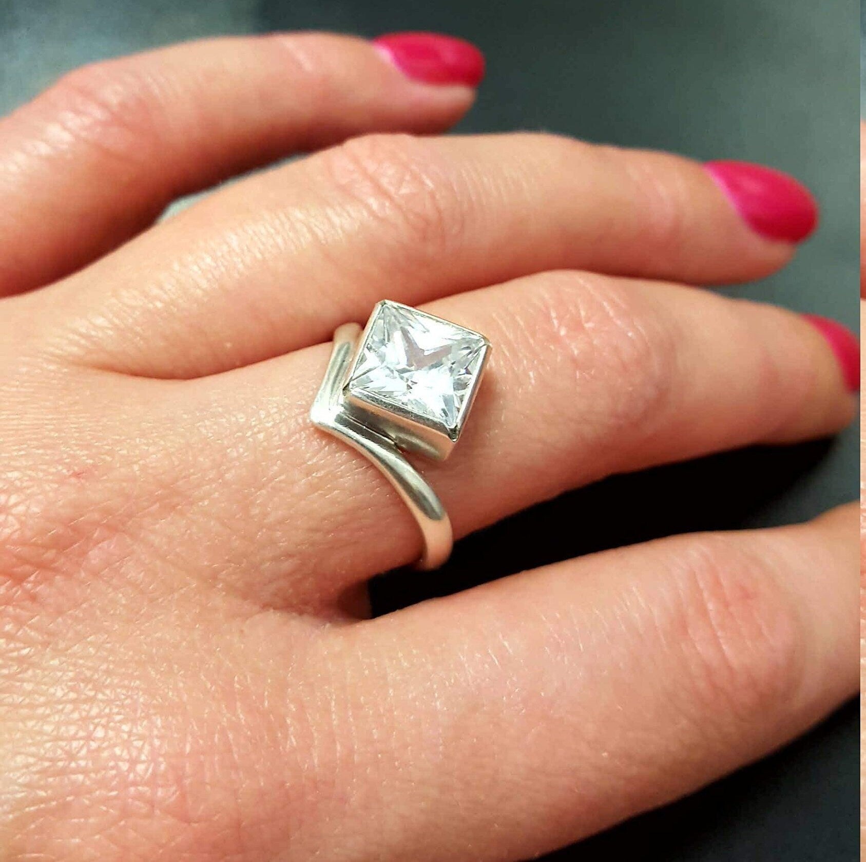 Asymmetric Ring, Square Ring, Created Diamond Ring, Artisan Ring, Diamond Ring, Sharp Ring, Modern Ring, Sparkly Ring, Solid Silver Ring