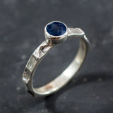 Dainty Sapphire Ring - Hammered Silver Band - Blue Bezel Ring