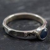 Dainty Sapphire Ring - Hammered Silver Band - Blue Bezel Ring